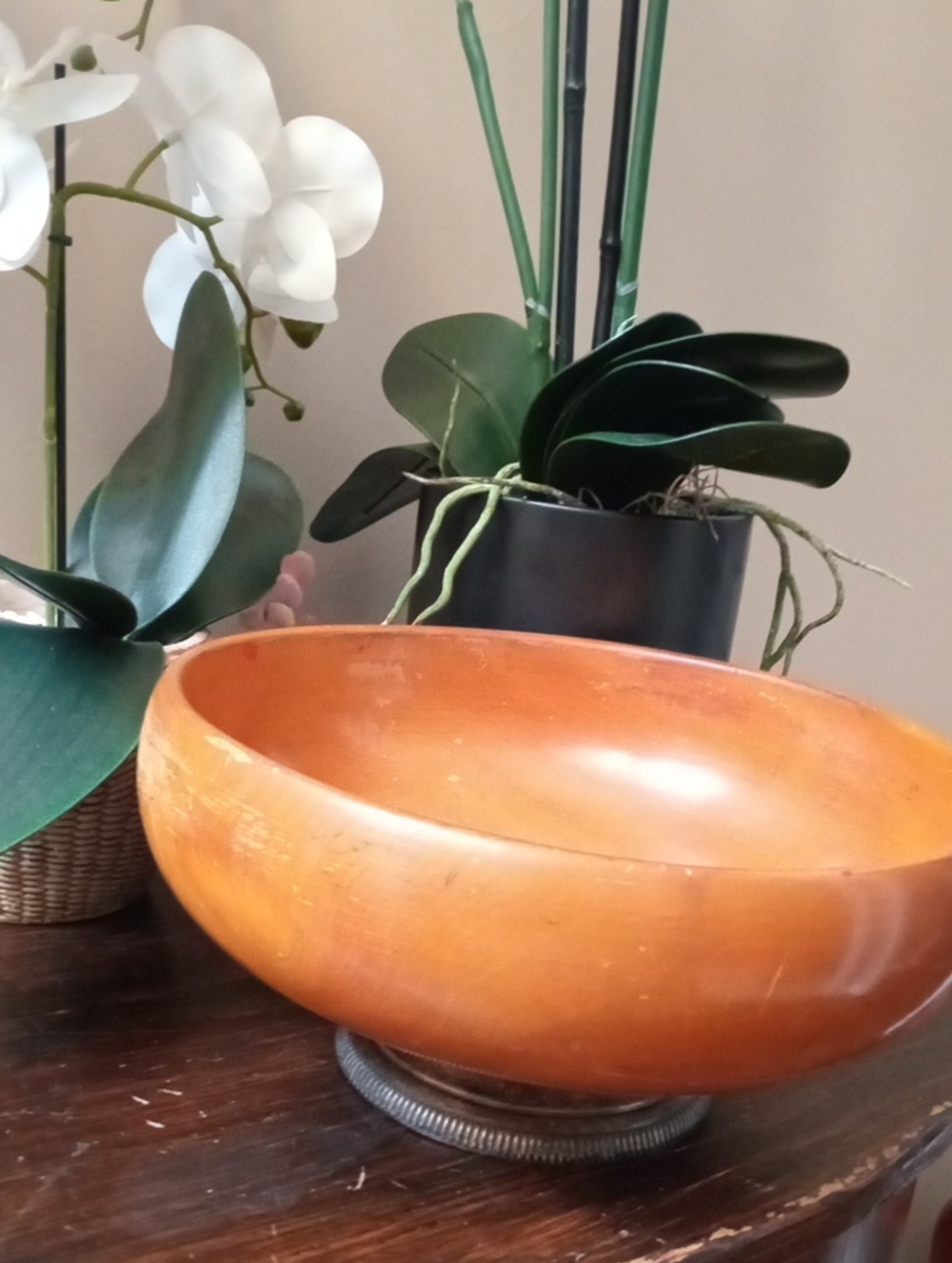 A Wooden Salad Bowl With Sterling Silver Base. 101/2". Stamped "Sterling" #911